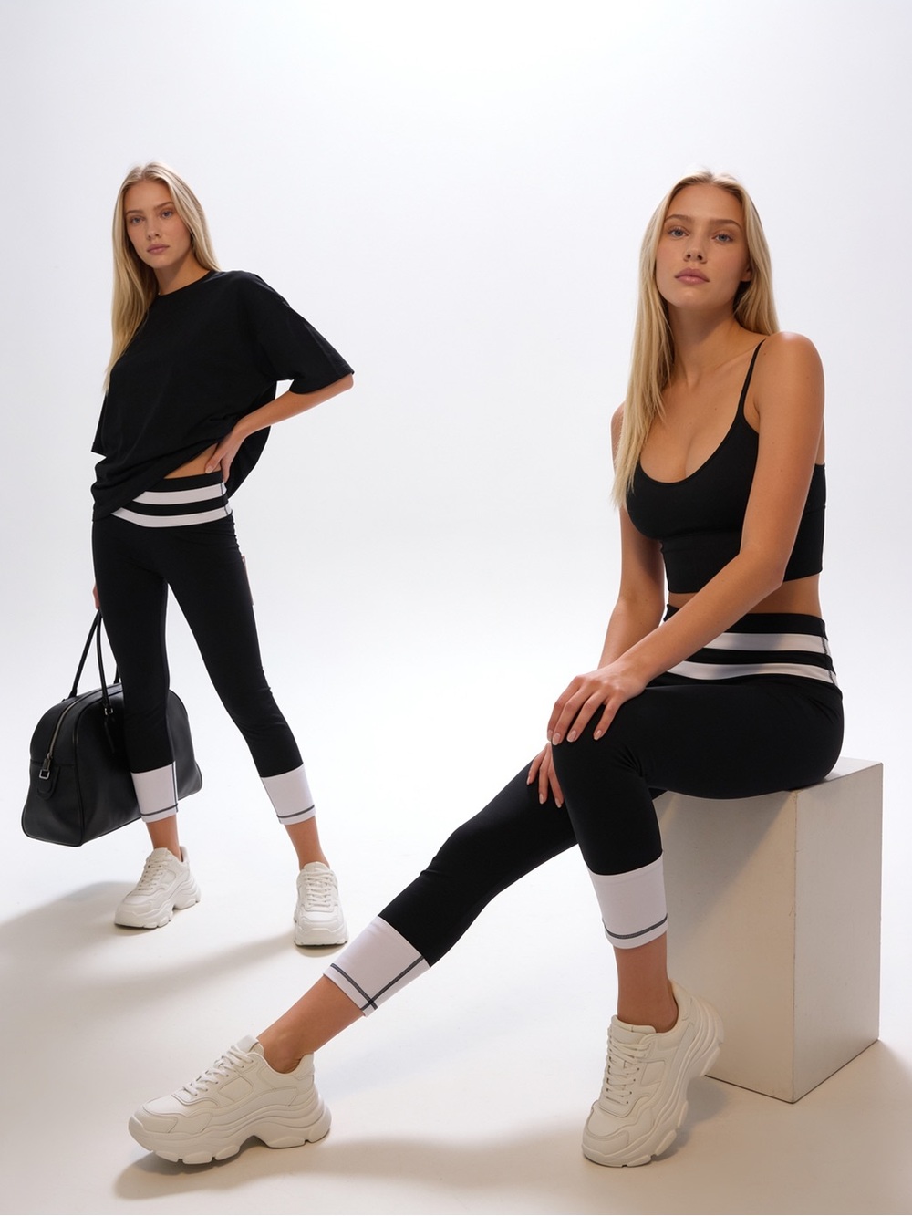 NWT YOGALICIOUS Black High-Waist Striped Crop Leggings for Women